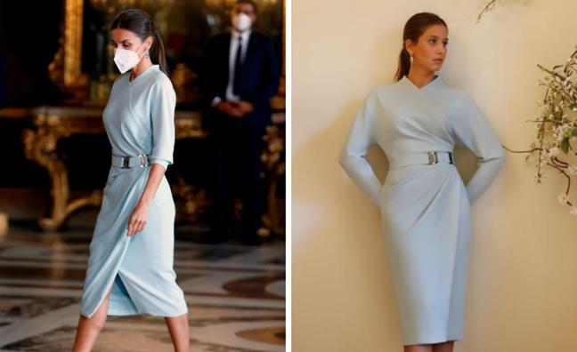 A la izquierda, la reina Letizia, con el vestido firmado por María Barragán; a la derecha, una modelo con el mismo vestido./EFE