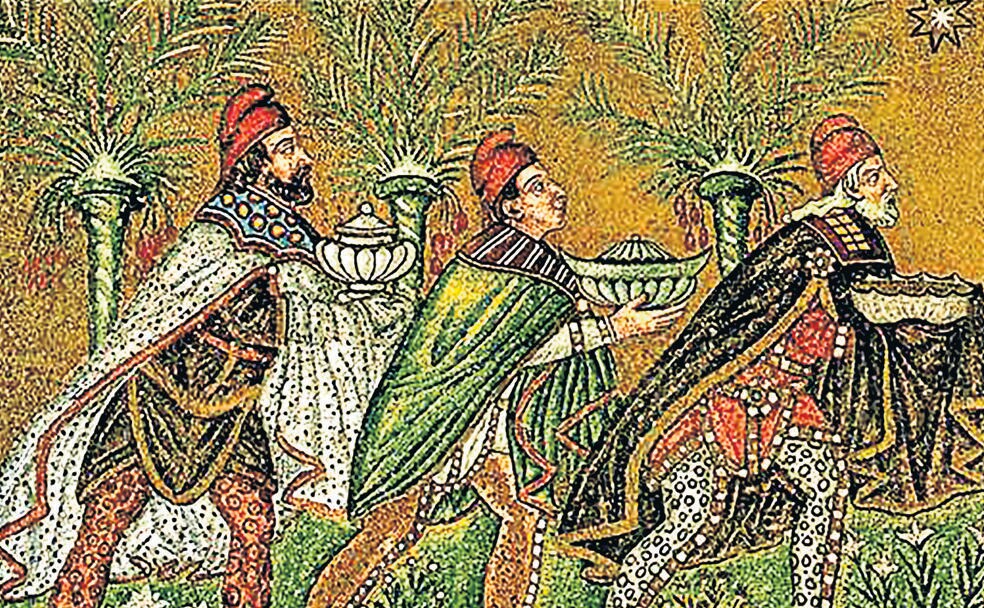 Aspecto que tendrían los reyes persas que inspiraron el mito de los Reyes Magos, representados en un mosaico./
