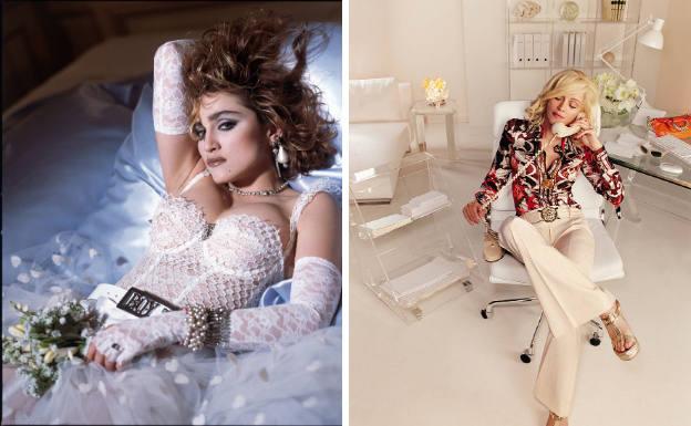Dos fotografías de la reina del pop. A la derecha, con el 'look' 'Like a Virgin' y en la campaña de Versace. /R.C.