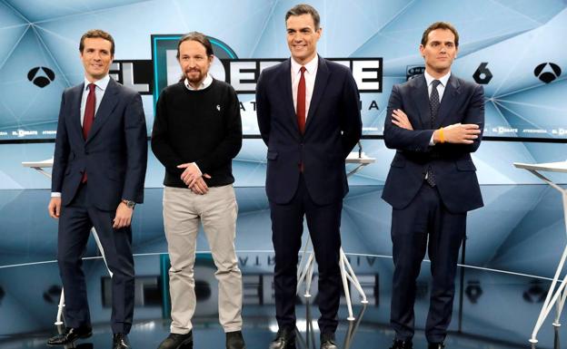 Pablo Casado, Pablo Iglesias, Pedro Sánchez y Albert Rivera, en una imagen de archivo de un debate electoral. 