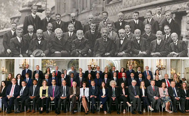 The famous photograph of the 1927 Solvay conference and its recreation on May 30, 2022.