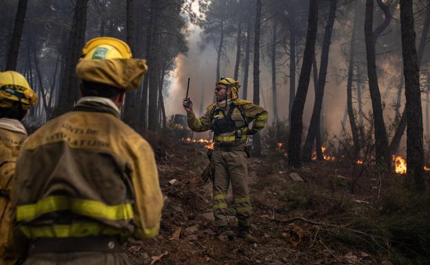 Uno de los equipos de bomberos que trabajan en el incendio de la Sierra de la Culebra, durante las labores de extinción./EMILIO FRAILE / EUROPA PRESS