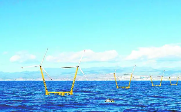 Fotomontaje de plataformas flotantes con dos aerogeneradores de uno de los proyectos en Gran Canaria. 