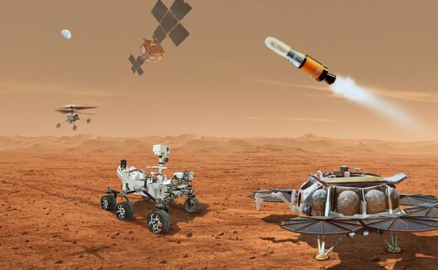 Ilustración con los robots implicados en la misión de Retorno de Muestras de Marte. 