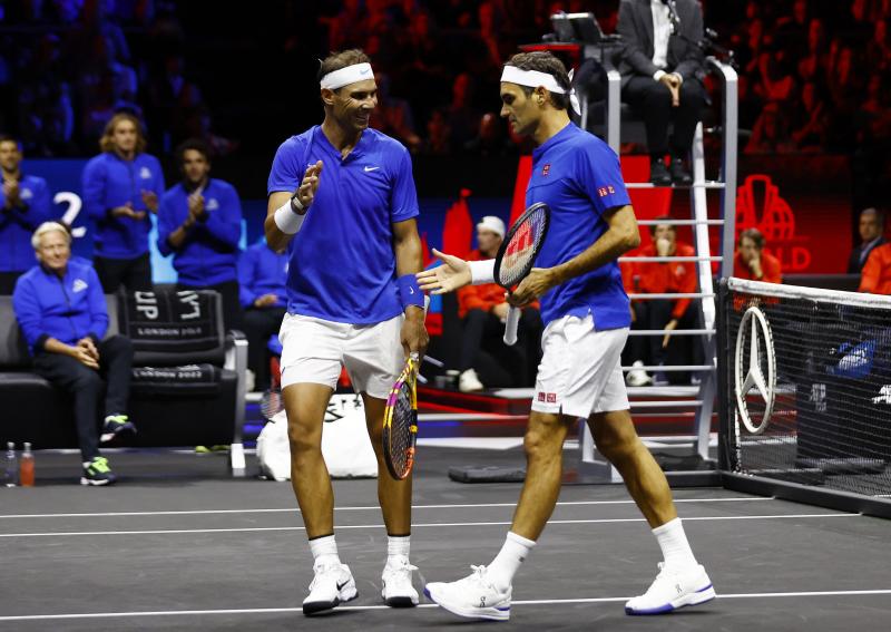 Rafa Nadal celebra una acción del partido de dobles de la Laver Cup con Roger Federer
