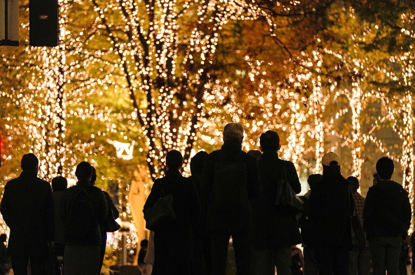 Gente en una calle iluminada con motivos navideños en Tokio, Japón. 